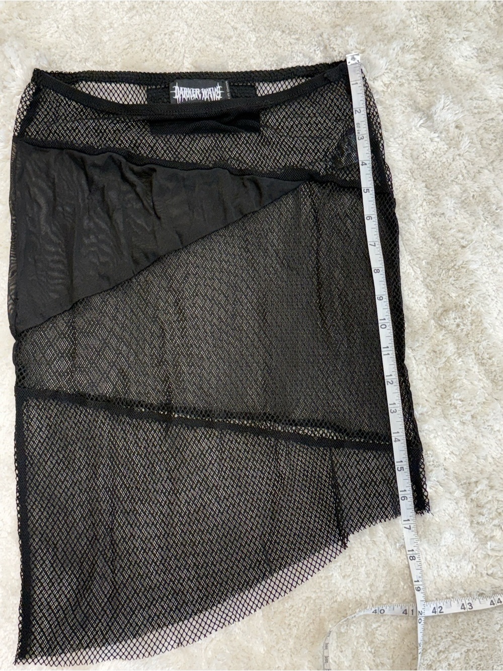 DARKER WAVS black mesh fishnet knit asymmetrical raw fray hem mini skirt - Picture 6 of 6